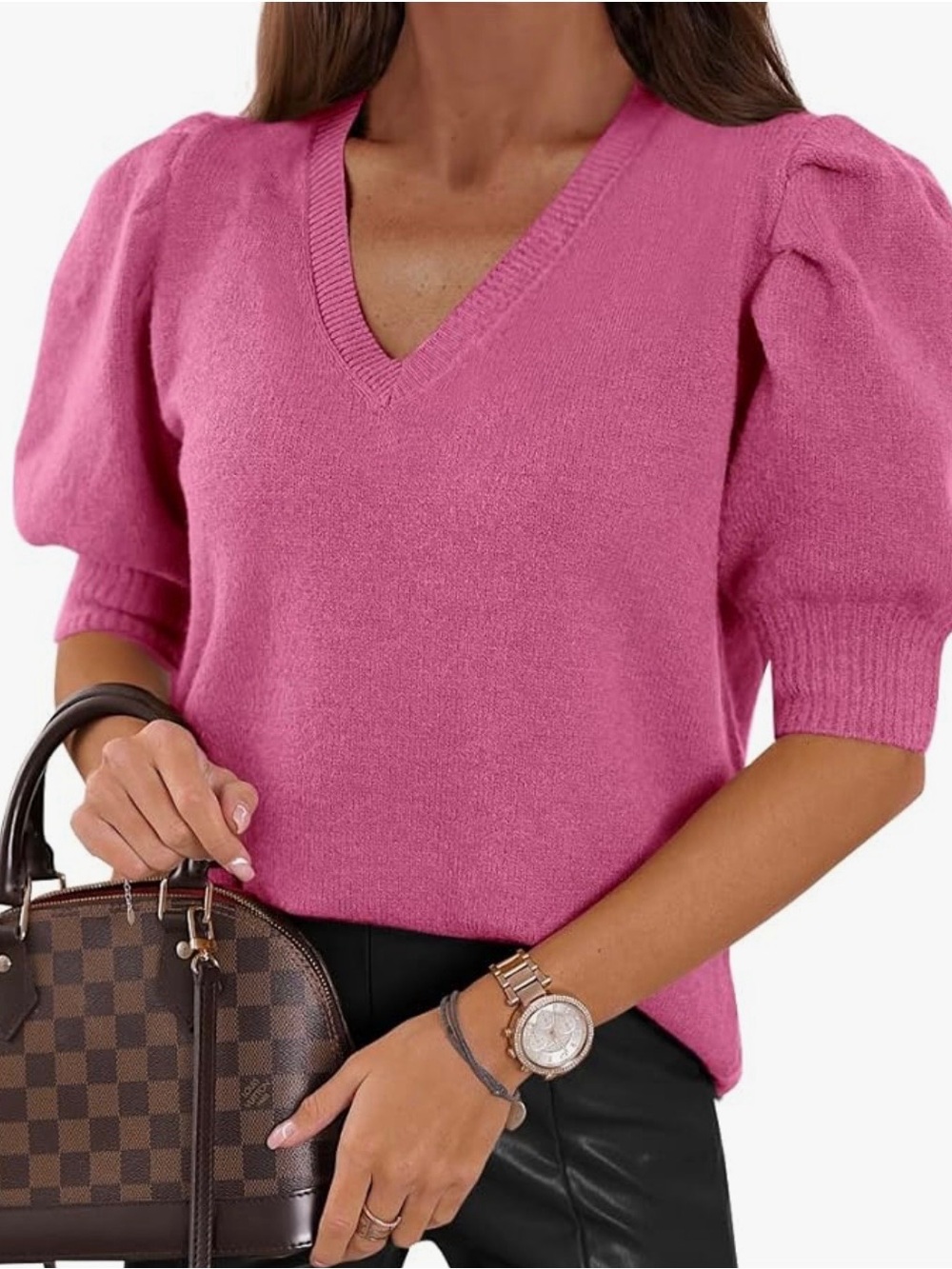 V-Neck Puff Sleeve Sweater in Bright Pink